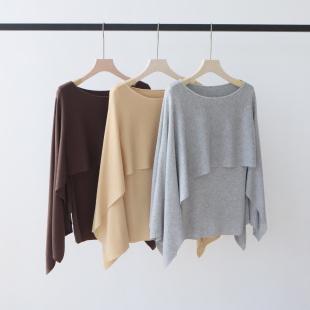 莱赛尔天丝春夏气质慵懒风叠穿假两件一字领针织衫 上衣女披肩斗篷