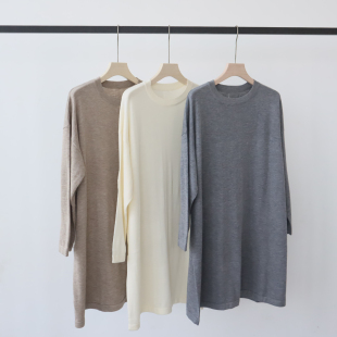 秋冬圆领宽松罩衫 高级感60支桑蚕丝羊毛混纺ROW时髦中长款 针织衫