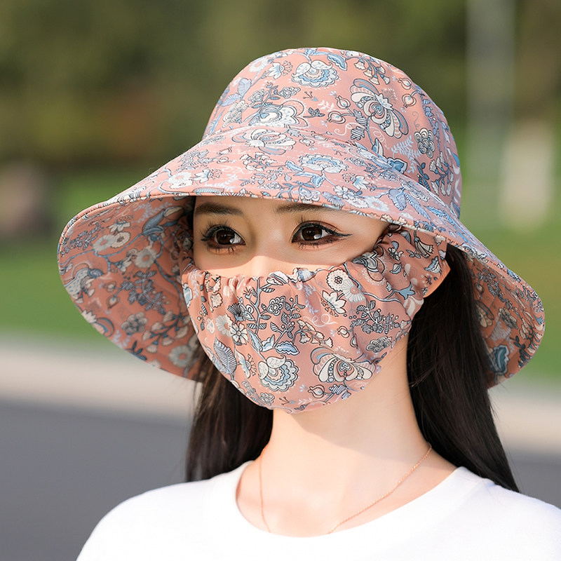 渔夫帽女夏季防晒口罩面罩帽子一体护颈花朵薄款太阳帽采茶遮阳帽
