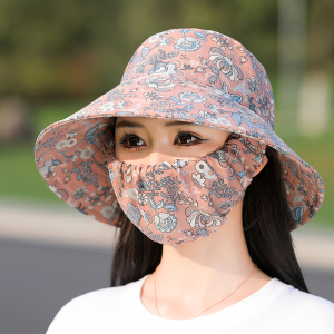 渔夫帽女夏季防晒口罩面罩帽子一体护颈花朵薄款太阳帽采茶遮阳帽
