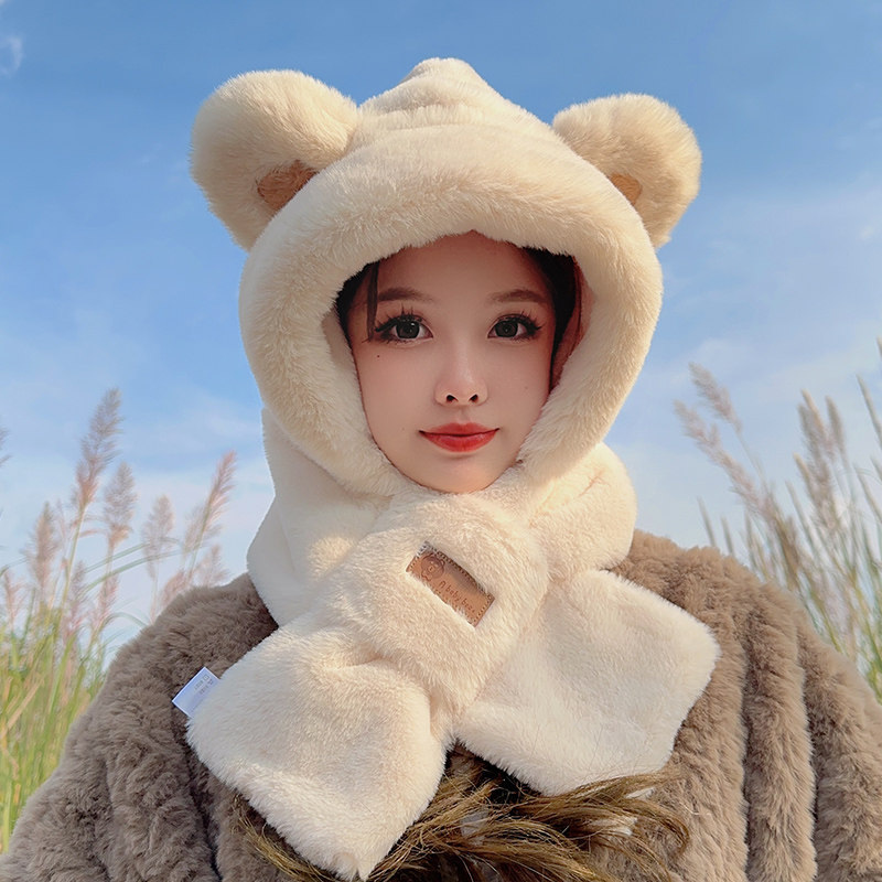 小熊帽子围巾围脖一体女款秋冬季兔毛绒加绒加厚保暖可爱骑车防风