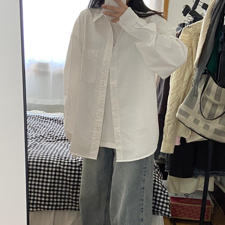 春夏季简约款正肩纯棉白色衬衫男女上衣外搭宽松薄外套