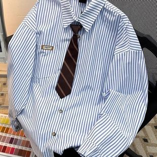 衬衫 百搭衬衣ins休闲 日系外套条纹男女春季 复古领带宽松长袖
