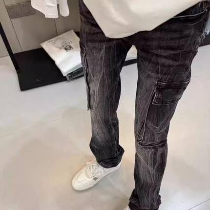 快手网红新款闪电水波纹口袋牛仔裤男女精神小伙宽松休闲百搭长裤