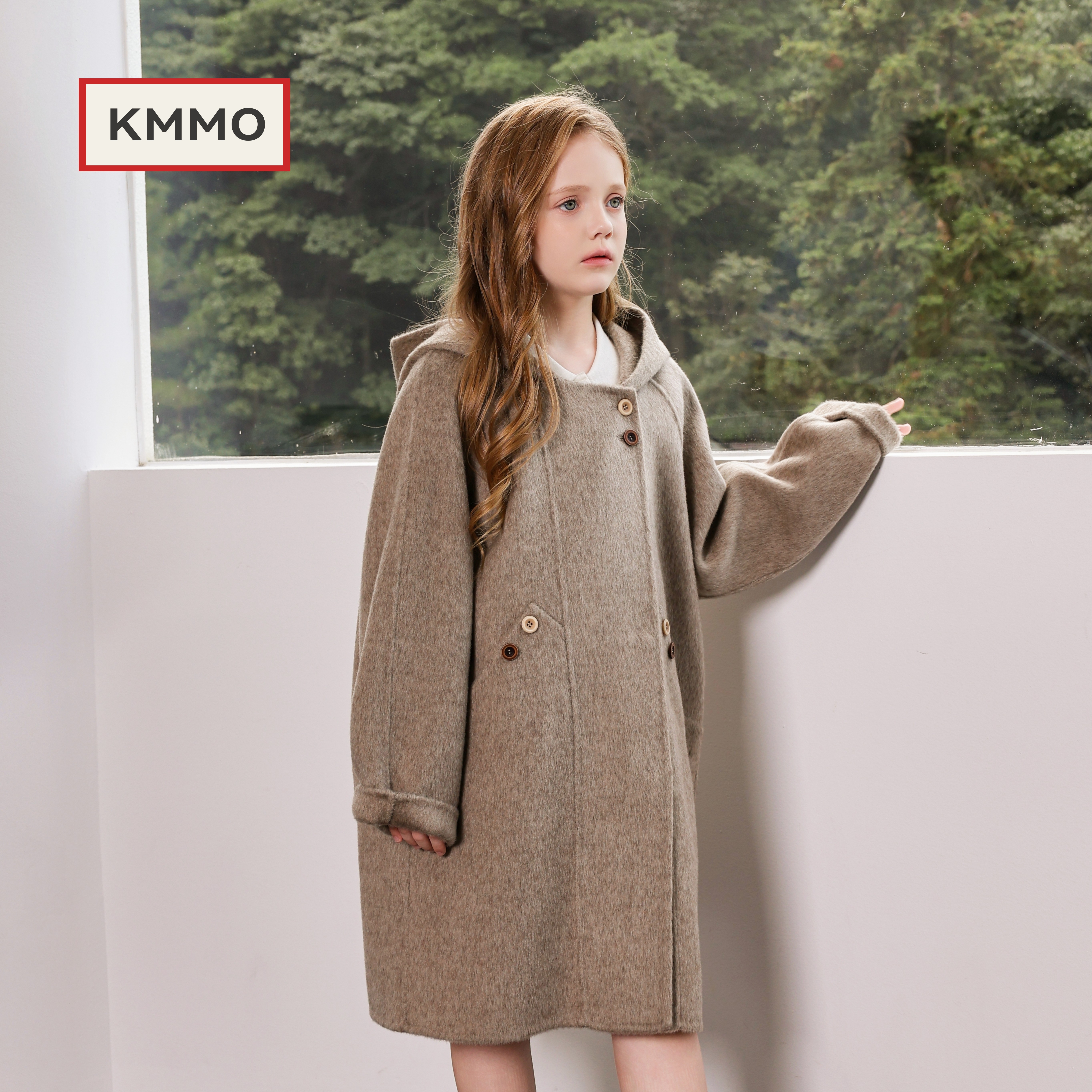 KMMO女童双面羊毛连帽加厚大衣