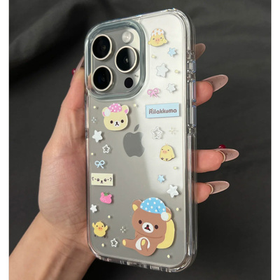 可爱睡帽星星轻松熊适用苹果16promax手机壳iPhone15新款16保护套13个女款14硅胶防摔15pro透明壳12高级感11