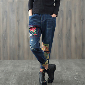 针创社 复古民族风松紧腰抽绳贴布刺绣花朵磨白宽松牛仔长裤