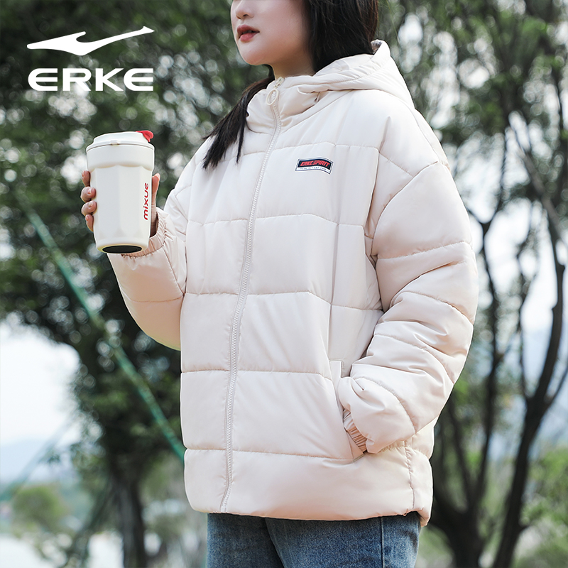 鸿星尔克女士连帽羽绒服2024秋冬新款短款运动外套保暖跑步夹克女