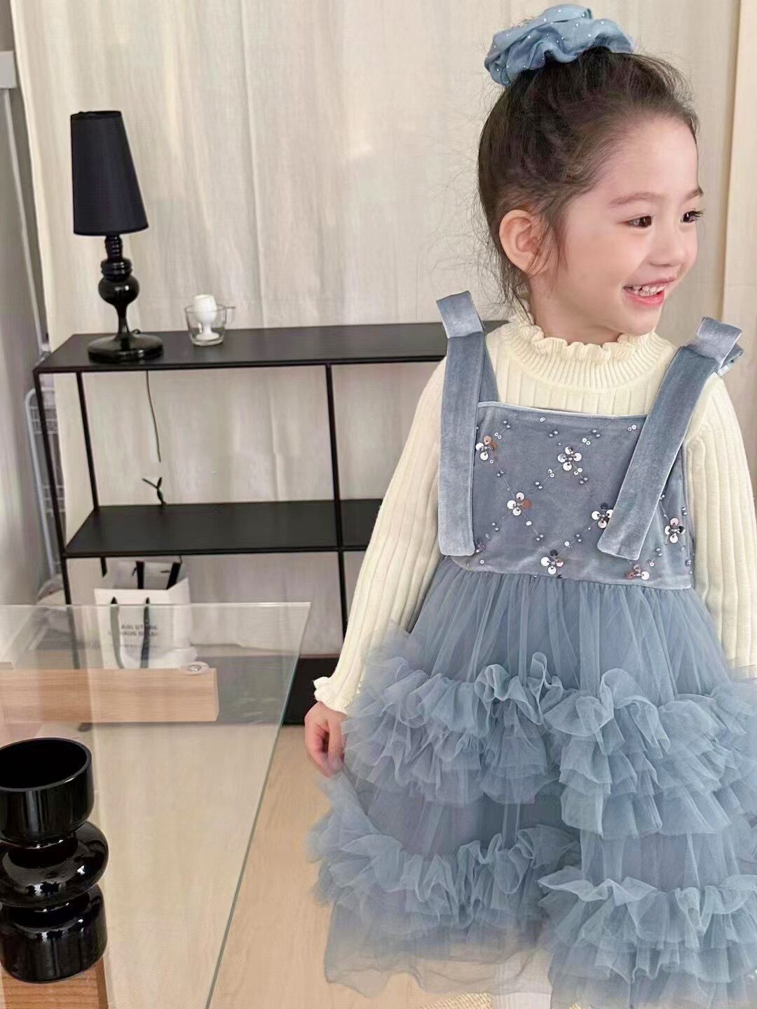 韩国女童冬款公主裙加绒网纱蓬蓬连衣裙吊带裙周岁裙可爱礼服裙