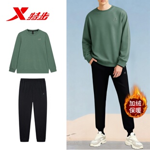 特步运动套装男夏季新款卫衣加绒休闲装跑步服男士长袖长裤两件套