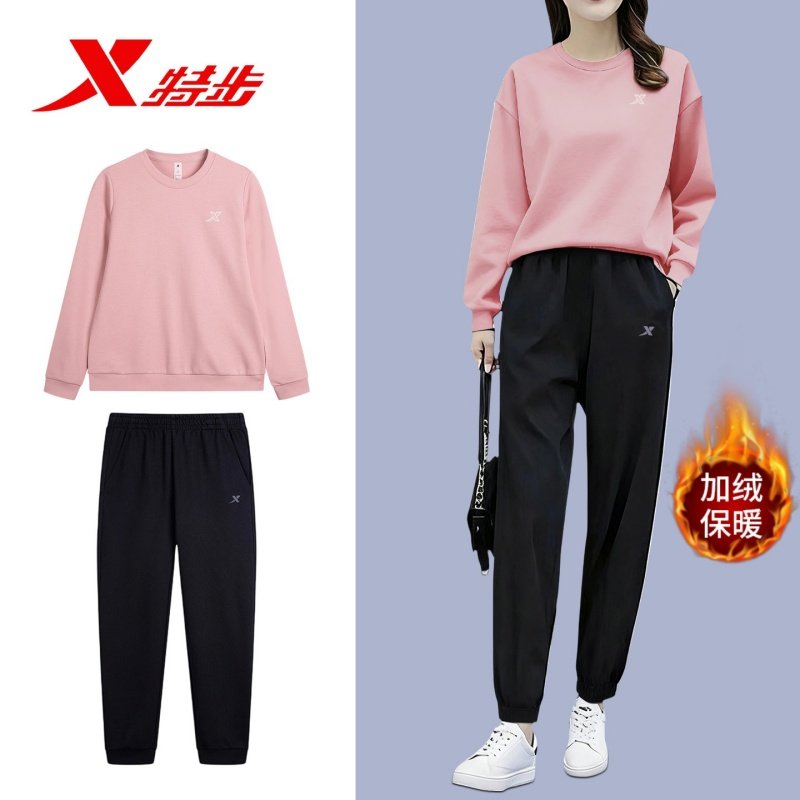 特步加绒运动套装女2025冬季新款卫衣卫裤加绒保暖两件套秋冬女装