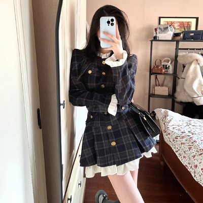 韩系富家千金穿搭氛围感连衣裙秋冬季新款高级感小香风miu系裙子