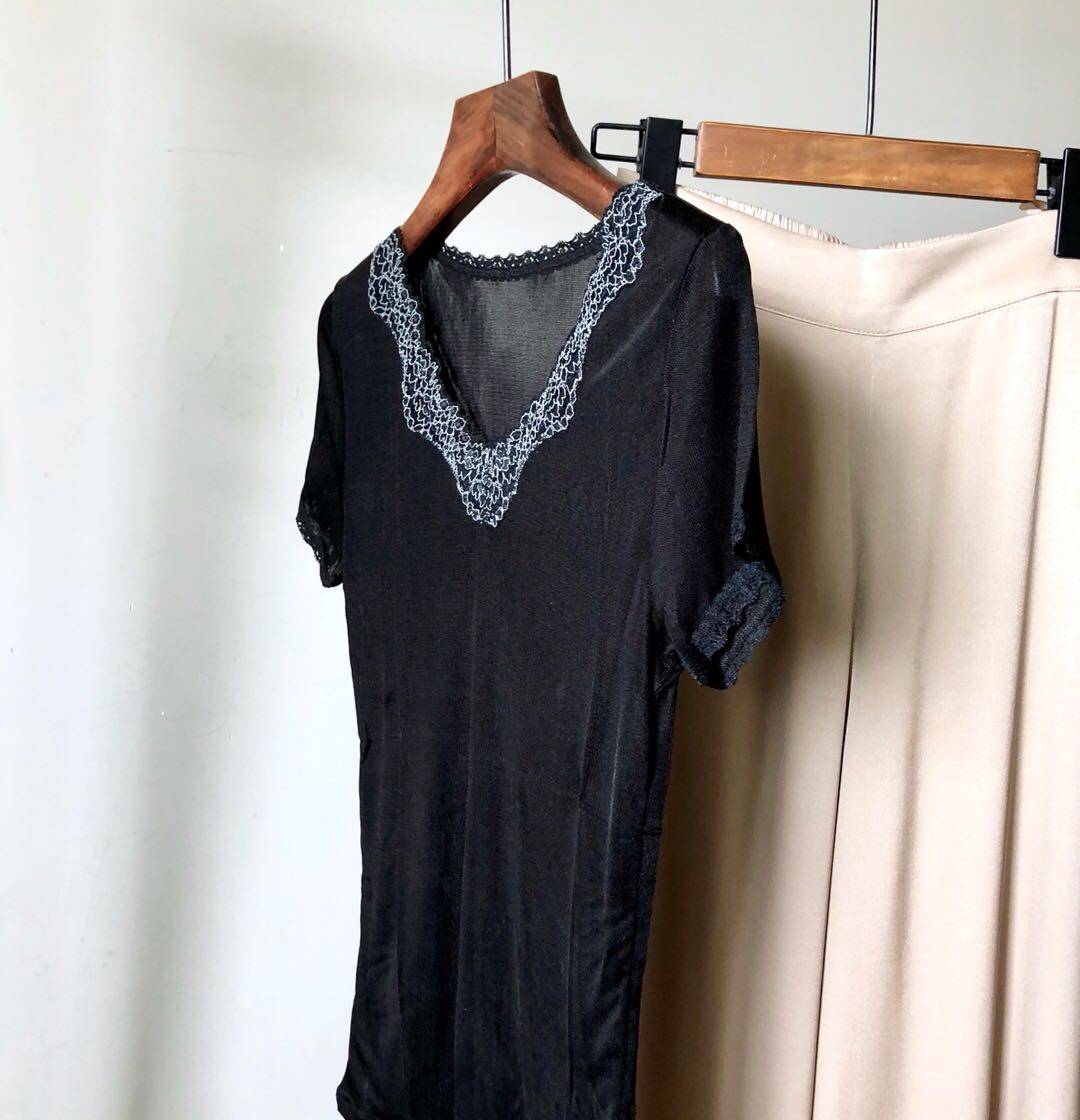 谁穿谁爱的真丝细螺纹  桑蚕丝针织弹力女士家居睡衣 打底短袖t恤