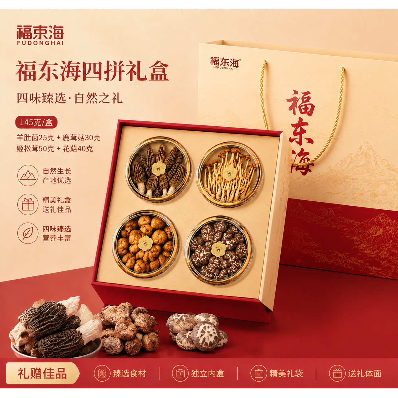 【节日好礼】福东海菌菇四拼礼盒145g羊肚菌鹿茸菇姬松茸送长辈