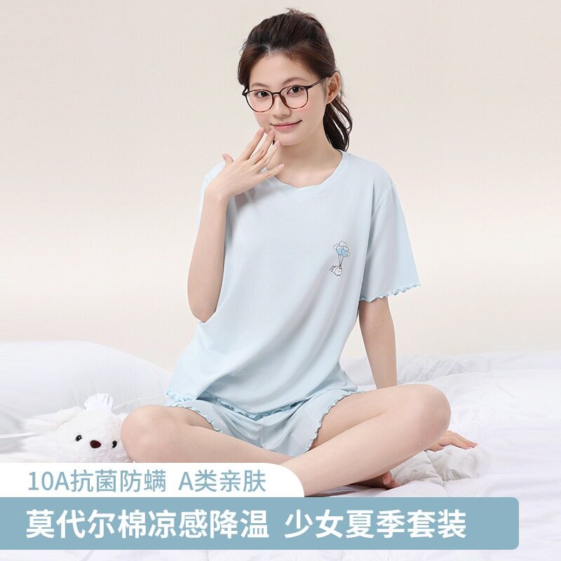 少女棉莫清凉睡衣短袖七分裤夏季圆领套头甜美可爱外穿家居服套装