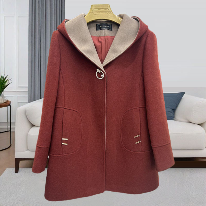 中长款连帽带里布加厚毛呢外套
