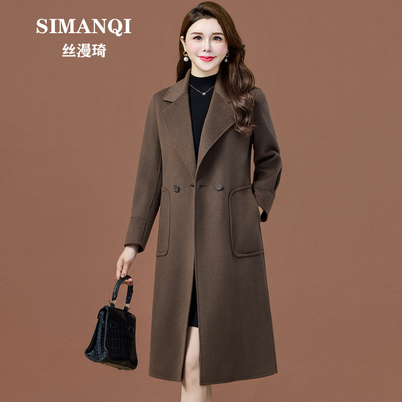 韩式双面羊绒大衣中长款修身正肩西装领双排扣驼色女士毛呢外套