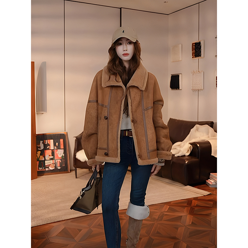 短款鹿皮绒皮毛一体外套女小个子