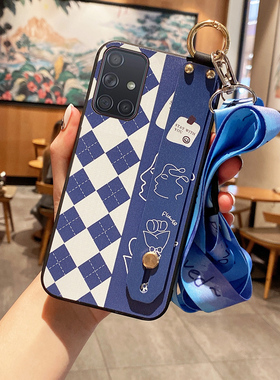 适用于三星A71 4G手机壳A51防摔A16保护套S25ULRA腕带S24FE挂绳S25 Edge潮A31情侣A21S卡通格子简约A53女A14