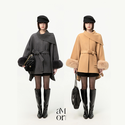 Ayemorrey“人生斗篷”狐狸毛袖口保暖奢贵羊毛双面尼大衣外套