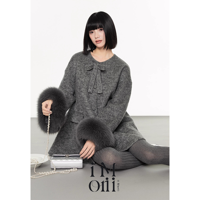 ayemorrey卢浮梦境 灰色狐狸毛双面尼蝴蝶结羊毛大衣外套