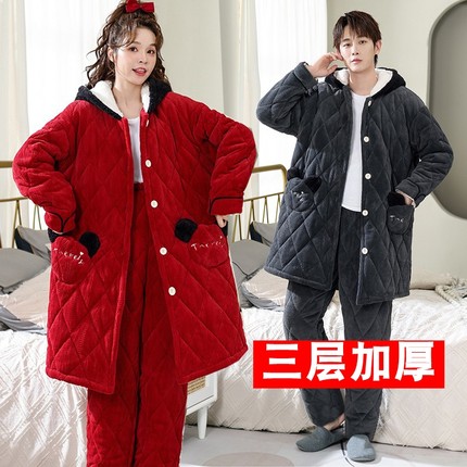 超大码连帽睡衣女士胖mm200斤秋冬季三层加厚加绒情侣夹棉保暖300
