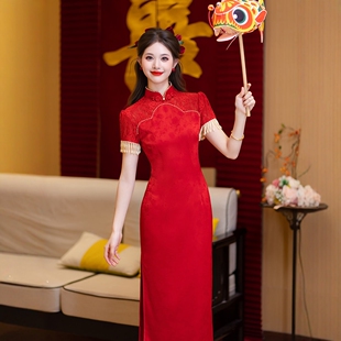 红色旗袍女新中式日常可穿外嫁女集体回娘家迎老爷扛标旗活动服装