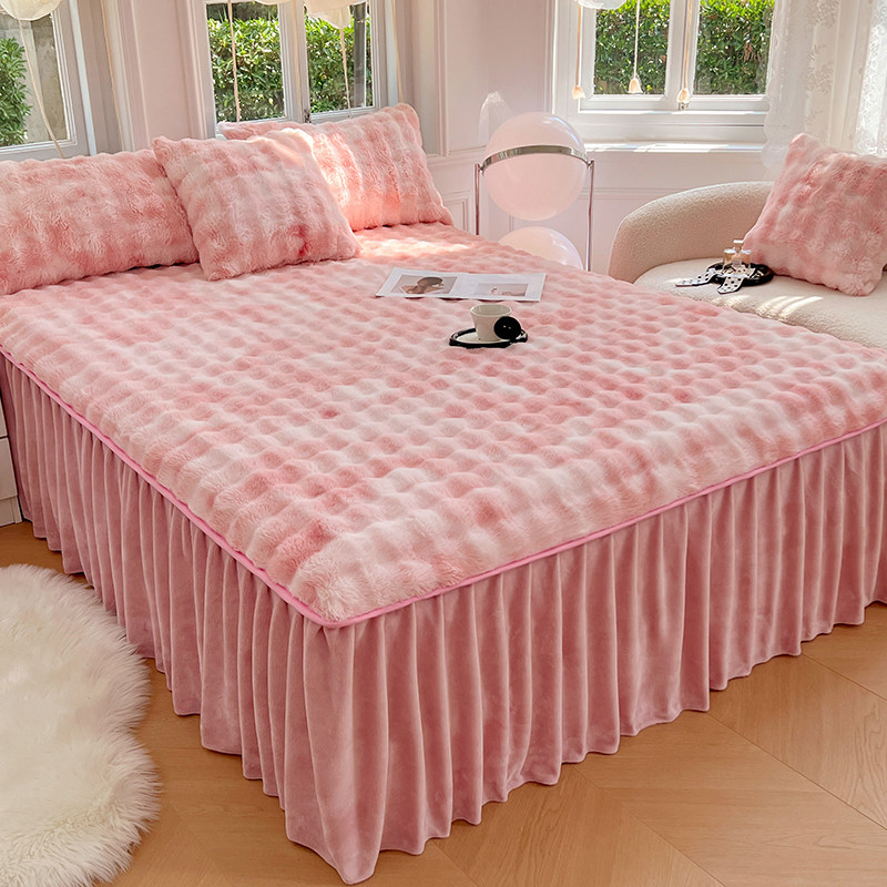 冬季兔绒床裙牛奶绒法兰珊瑚绒床罩枕套加厚保暖毛绒床单床上用品