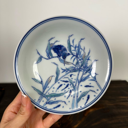 景德镇567老瓷青花翠鸟芦苇壶承釉下花鸟赏盘仿古干泡盘茶室瓷盘