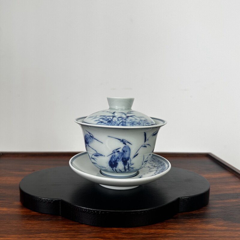 景德镇青花釉下彩鹭栖陶瓷盖碗中式泡茶碗家用品茗杯功夫茶具收藏