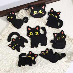 卡通小猫咪黑色自粘刺绣布贴衣服裤 饰贴补丁贴 子羽绒服破洞修复装