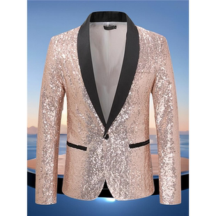 秋冬新款闪亮青果领外套 男士珠片西装210斤西服深紫色草绿香槟色