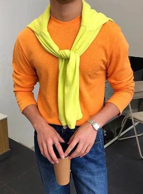 早春男生纯色轻薄透气T恤休闲轻熟圆领长袖防inst恤2022新款情侣