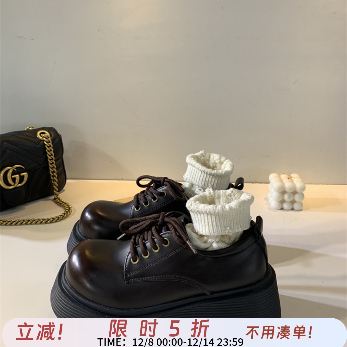 棕色厚底小皮鞋女新款流行德比鞋