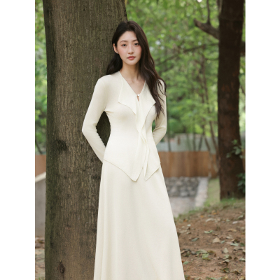 lyna凌小姐秋季新款法式温柔风翻领针织上衣垂感半身裙毛衣两件套