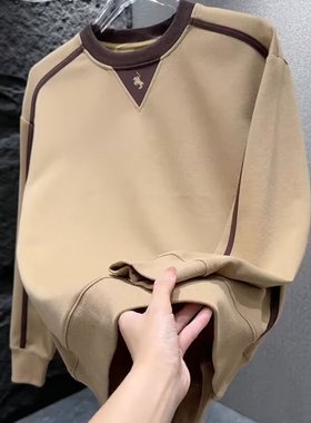 华夫格假两件V领卫衣男款美式复古重磅ins潮灰色长袖T恤上衣无帽