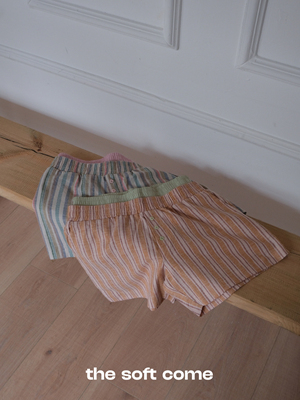 The soft come 原创设计双腰头拼色短裤 汉麻天丝条纹 轻松一夏