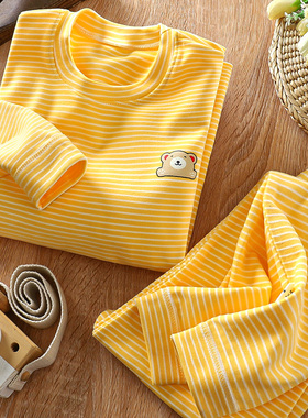 黄色儿童德绒套装保暖发热秋冬睡衣中大童打底加厚男女宝家居秋