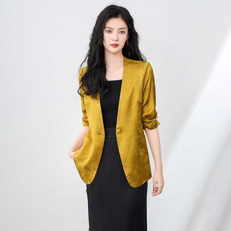 轻奢提花人丝抽褶袖外套女2025早秋新款宽松显瘦V领蕾丝西装上衣