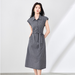 法式通勤气质系带黑白格子连衣裙2026夏季新款时尚收腰显瘦衬衫裙