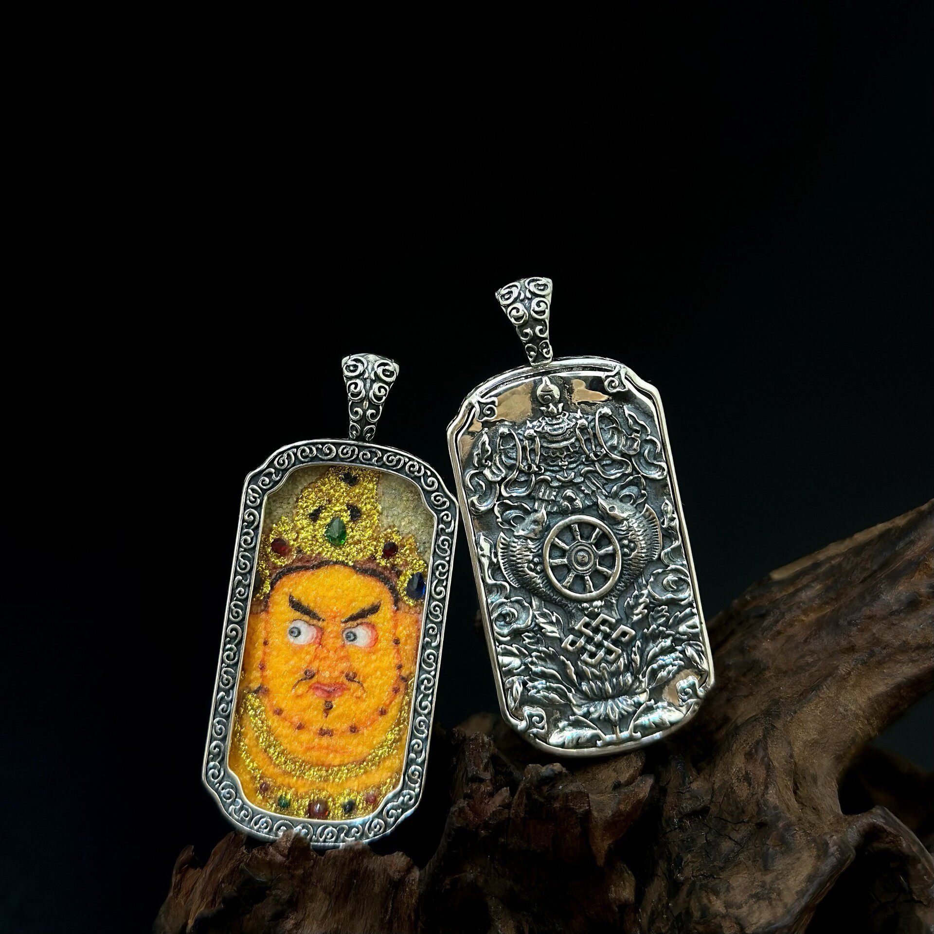 s925银镶嵌黄财神绿度母唐卡吊坠纯银个性项坠挂件配饰