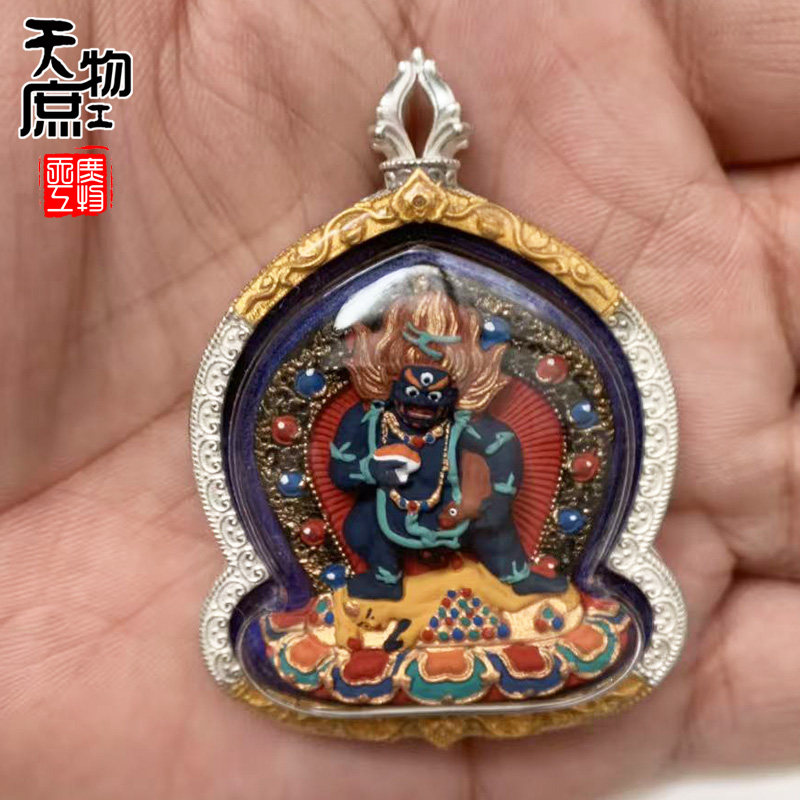 西藏纯手绘药泥擦擦黑财神吊坠镶嵌藏银水晶罩挂件项坠配饰配件