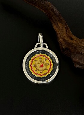 s925银太极八卦圆牌吊坠纯银精工个性朱砂挂坠配饰