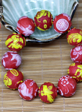 古法萃取琉璃雕刻龙鱼鸟花手串红底灯笼珠手链