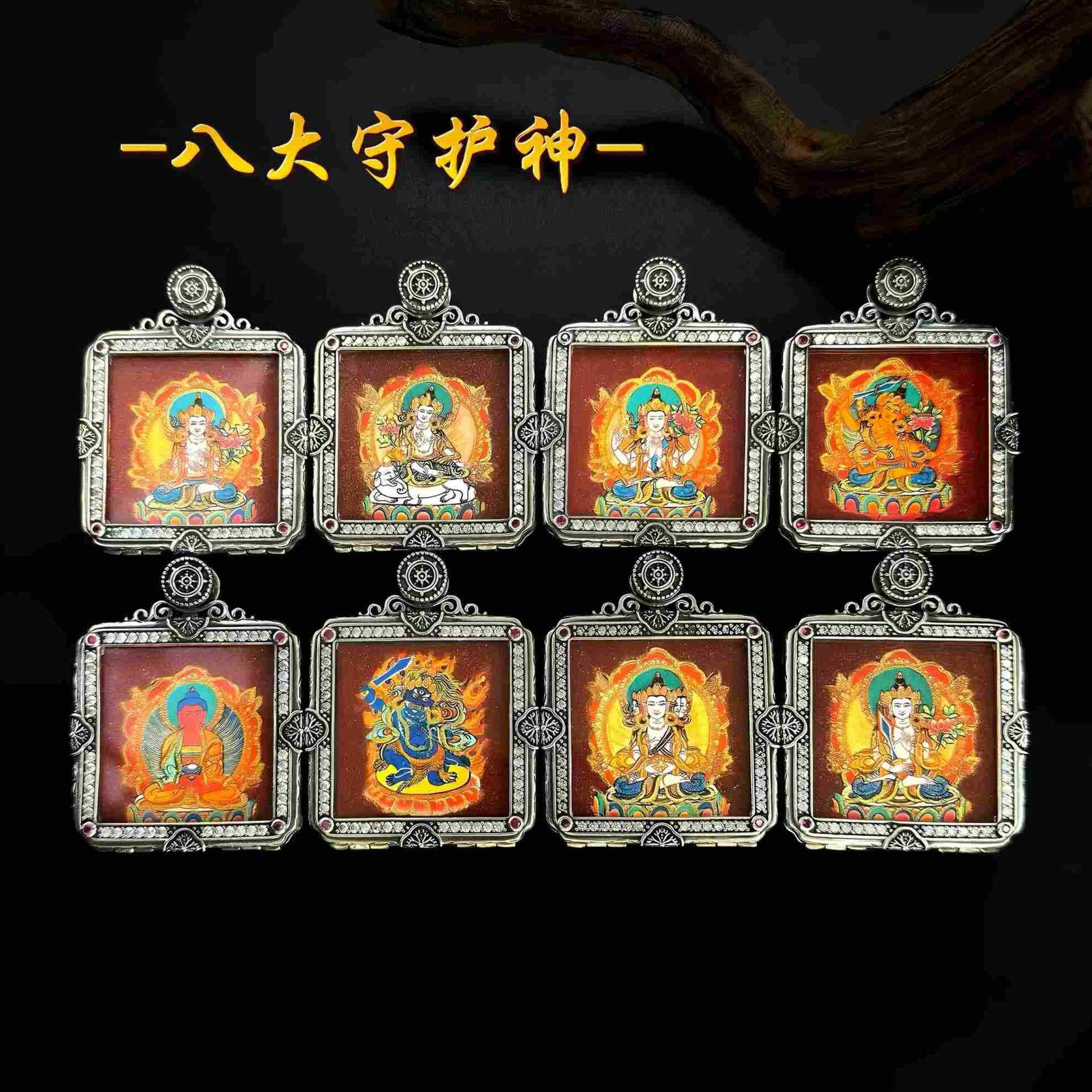 s925银八大守护神唐卡方牌吊坠纯银精工个性挂坠配饰