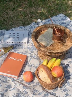 TJJ丨韩国风ins复古青花蓝色玫瑰棉麻桌布书桌装饰挂布野餐布