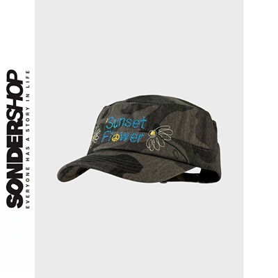 复古迷彩平顶小雏菊刺绣鸭舌帽女