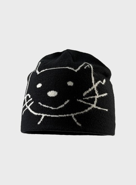 SONDER SHOP韩国ins博主同款小猫提花针织帽女秋冬护耳保暖套头