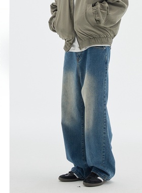SONDER SHOP 美式复古水洗做旧蓝色牛仔裤直筒工装阔腿长裤