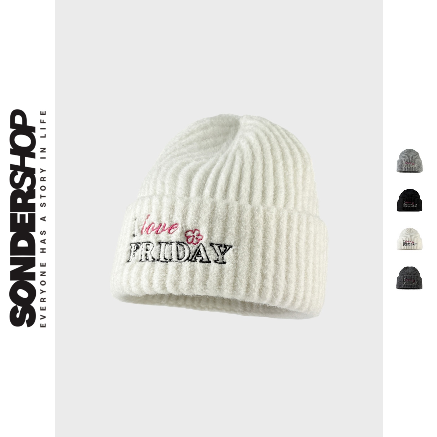 SONDER SHOP 我喜欢星期五 字母刺绣针织帽男女显脸小秋冬百搭
